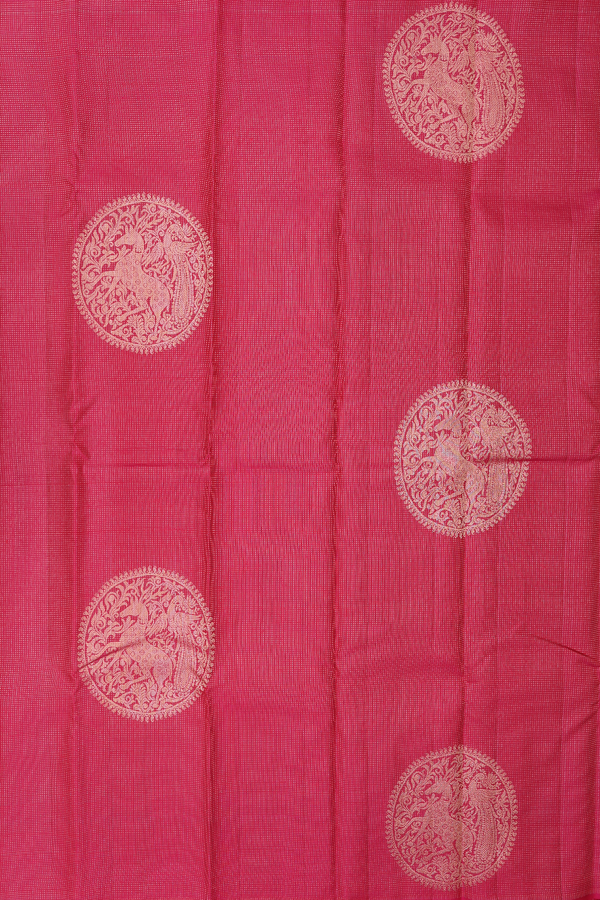 Kanchipuram Silk Saree In Rani Pink Along Stripes With Motifs
