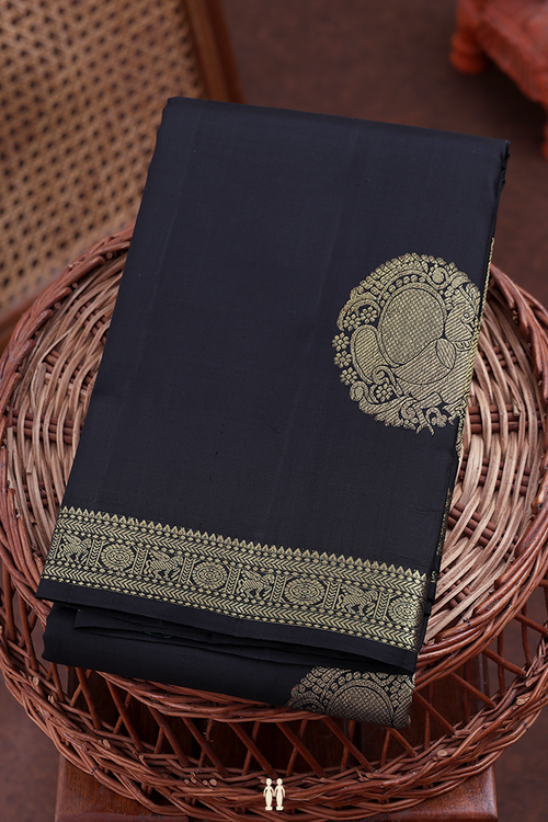 Kanchipuram Silk Saree In Black With Peacock Motifs