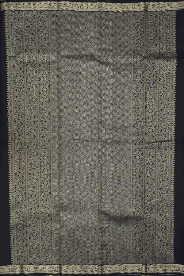 Kanchipuram Silk Saree In Black With Peacock Motifs