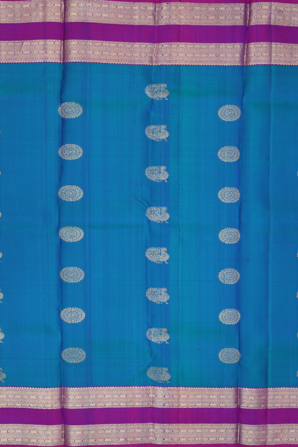 Kanchipuram Silk Saree In Peacock Blue With Peacock Buttas