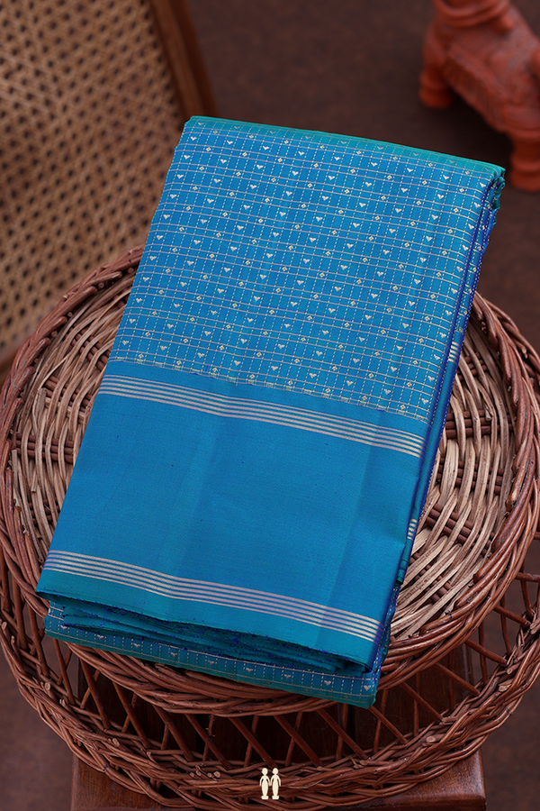 Kanchipuram Silk Saree In Teal Blue With Checks Design
