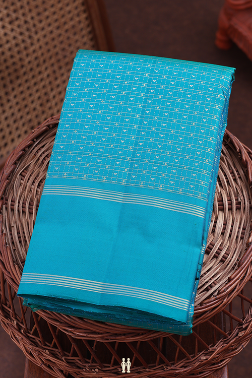 Kanchipuram Silk Saree In Greenish Blue With Checks Design