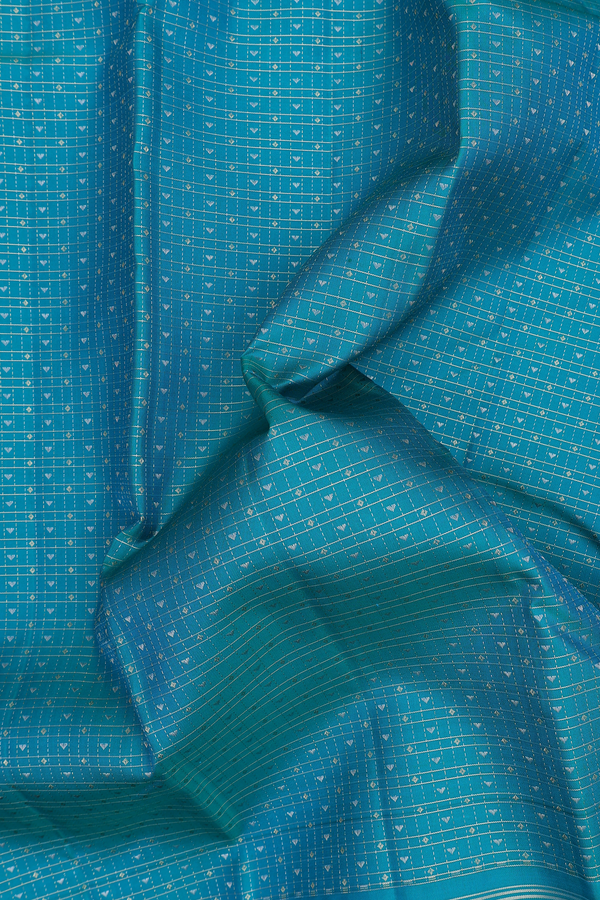 Kanchipuram Silk Saree In Greenish Blue With Checks Design