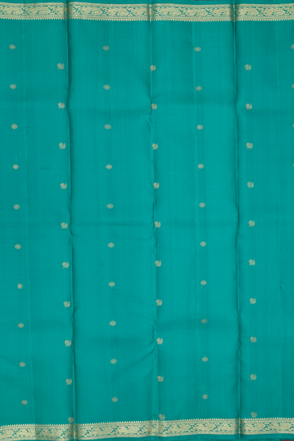 Kanchipuram Silk Saree In Green With Peacock Buttas