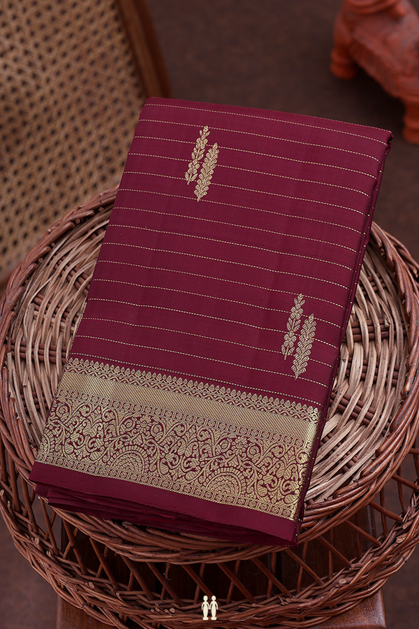 Kanchipuram Silk Saree In Brown Along Stripes With Buttas