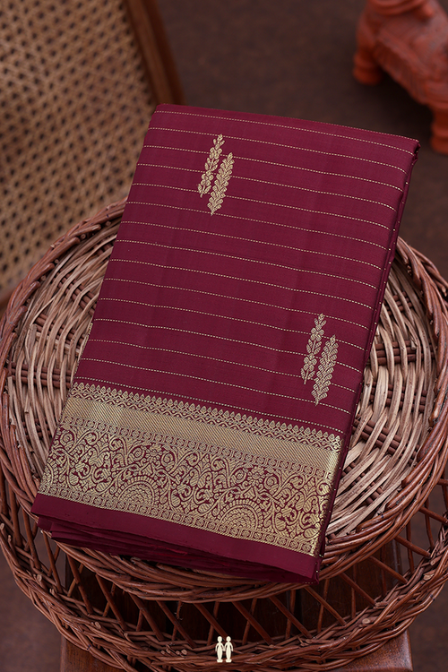 Kanchipuram Silk Saree In Brown Along Stripes With Buttas