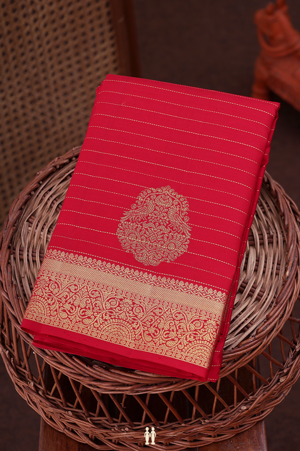 Kanchipuram Silk Saree In Scarlet Red Along Stripes With Motifs