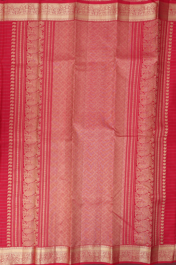 Kanchipuram Silk Saree In Scarlet Red Along Stripes With Motifs