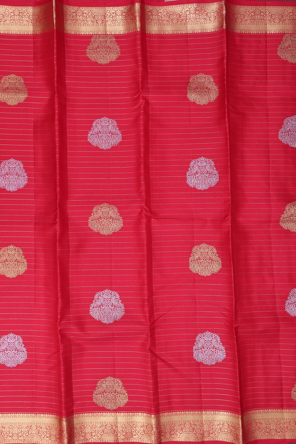 Kanchipuram Silk Saree In Scarlet Red Along Stripes With Motifs