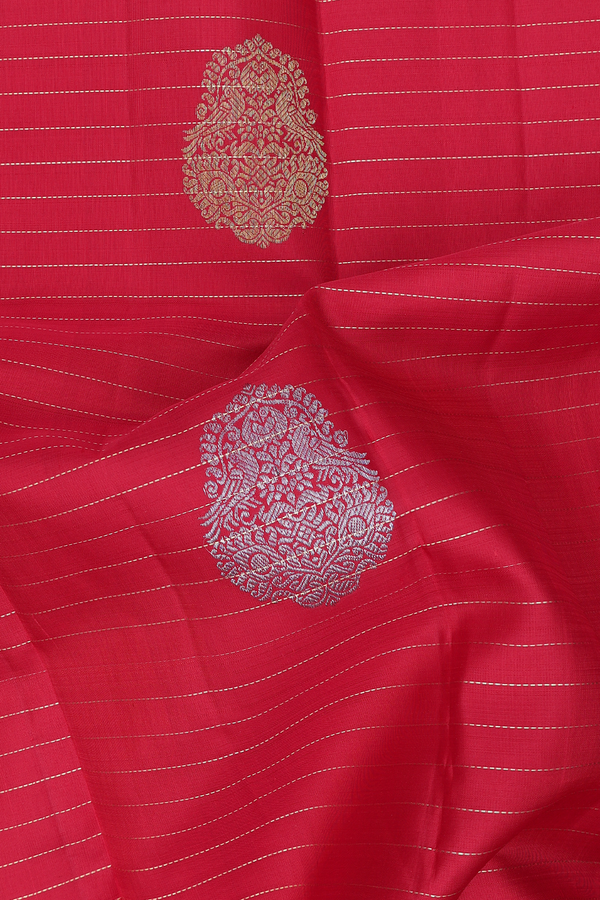 Kanchipuram Silk Saree In Scarlet Red Along Stripes With Motifs