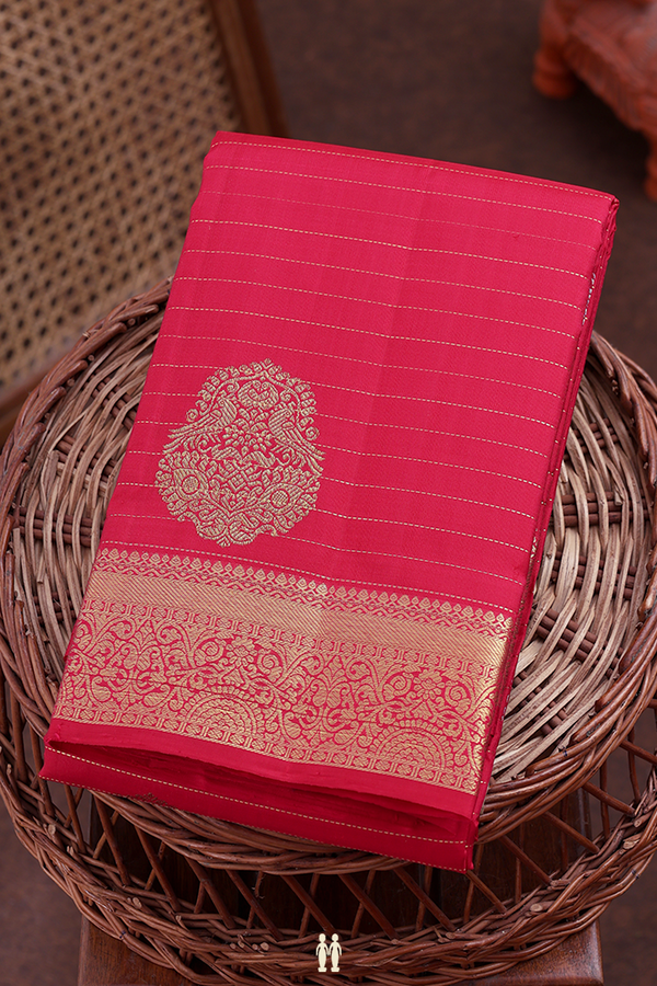 Kanchipuram Silk Saree In Red Along Stripes With Buttas