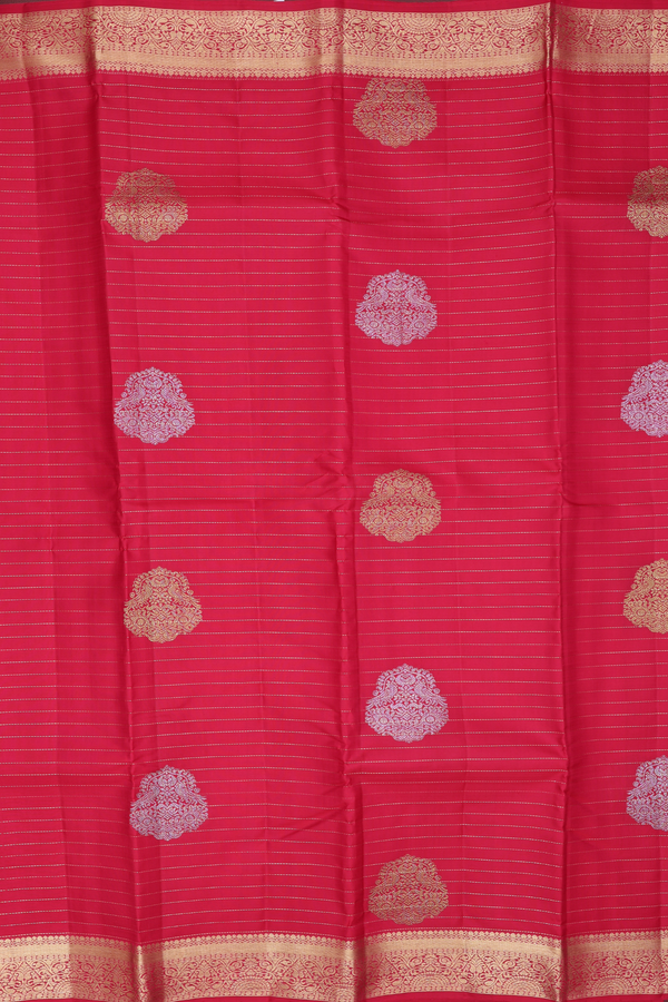 Kanchipuram Silk Saree In Red Along Stripes With Buttas