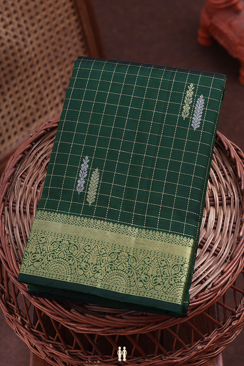 Kanchipuram Silk Saree In Green Along Checks With Buttas