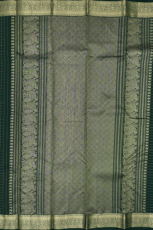 Kanchipuram Silk Saree In Green Along Checks With Buttas