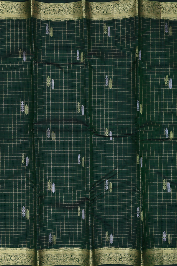 Kanchipuram Silk Saree In Green Along Checks With Buttas