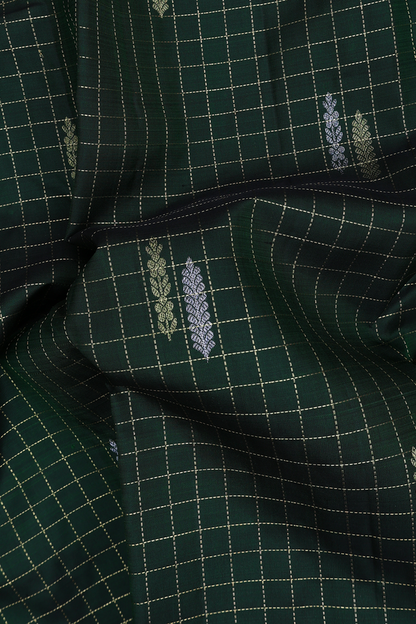 Kanchipuram Silk Saree In Green Along Checks With Buttas