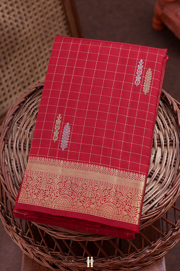 Kanchipuram Silk Saree In Red Along Checks With Buttas