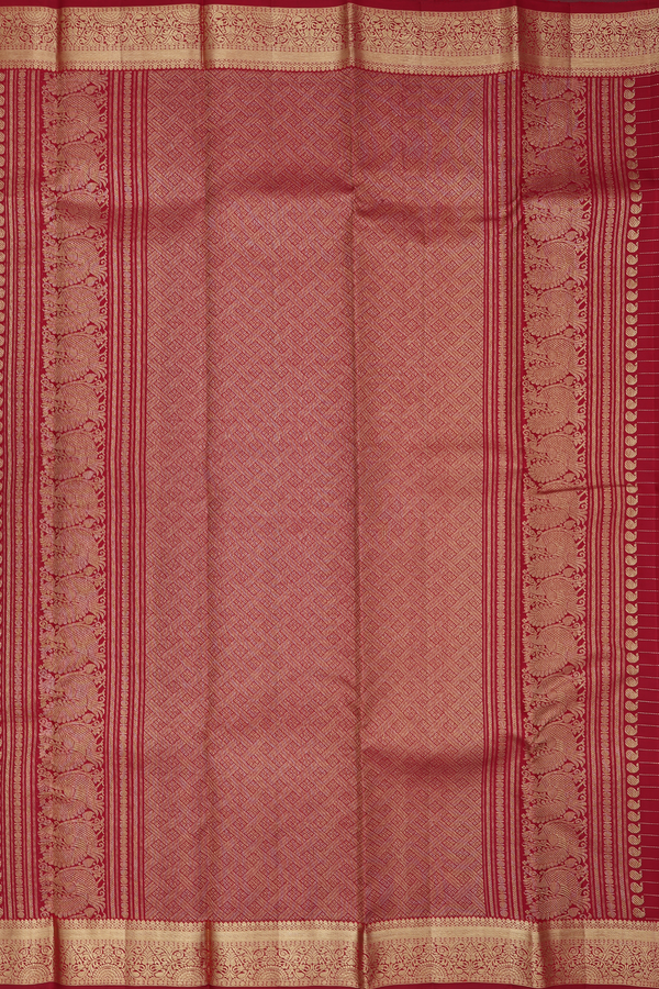 Kanchipuram Silk Saree In Red Along Checks With Buttas