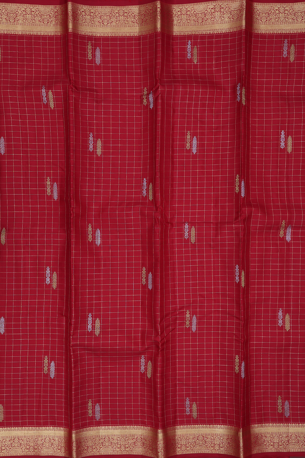 Kanchipuram Silk Saree In Red Along Checks With Buttas