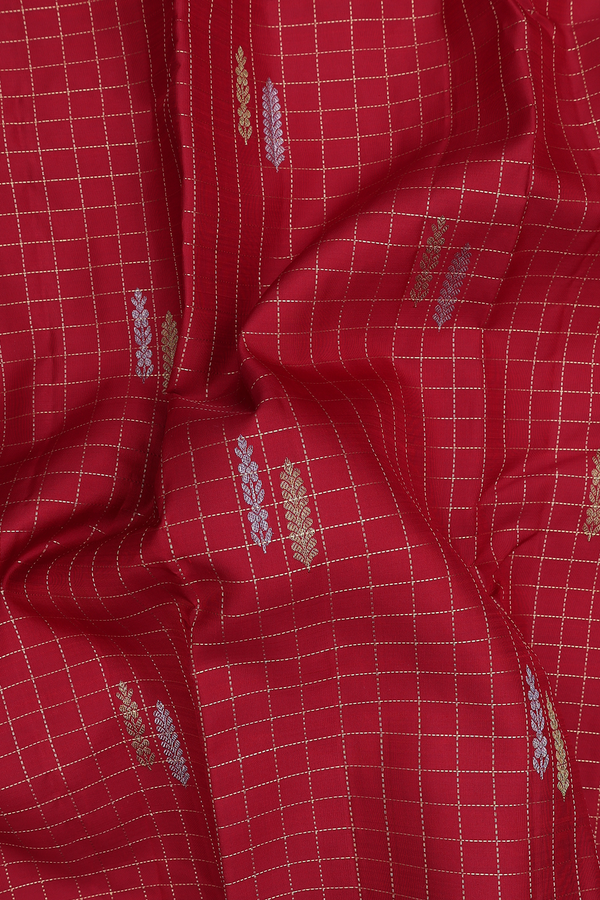 Kanchipuram Silk Saree In Red Along Checks With Buttas