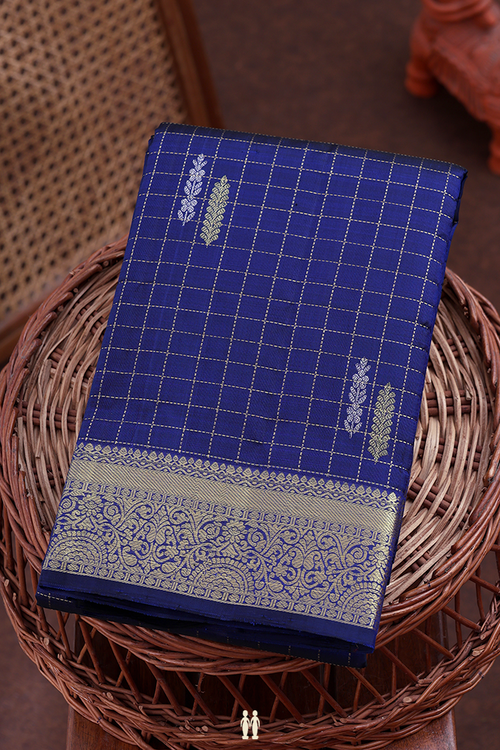 Kanchipuram Silk Saree In Blue Along Stripes With Buttas