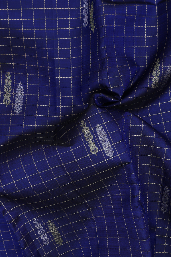 Kanchipuram Silk Saree In Blue Along Stripes With Buttas