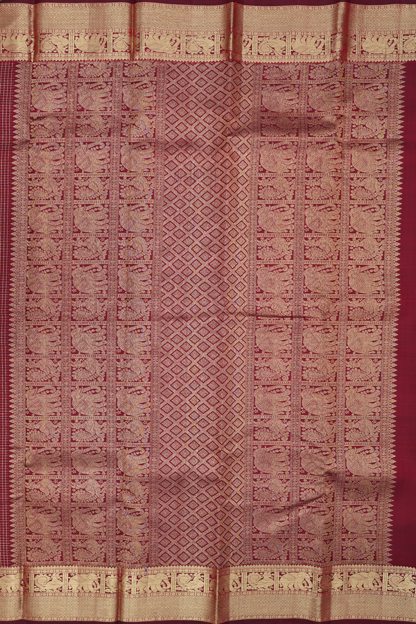 Kanchipuram Silk Saree In Maroon Along Checks With Buttas
