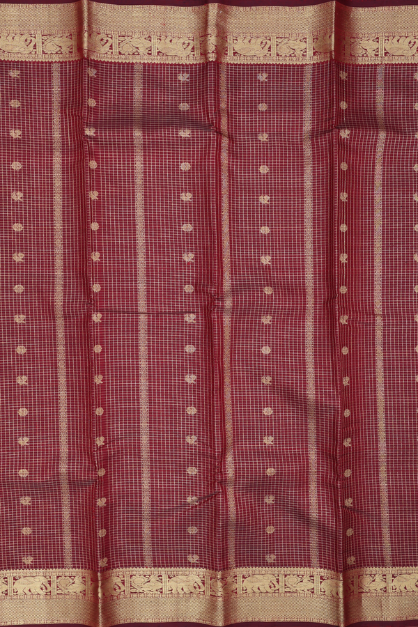 Kanchipuram Silk Saree In Maroon Along Checks With Buttas