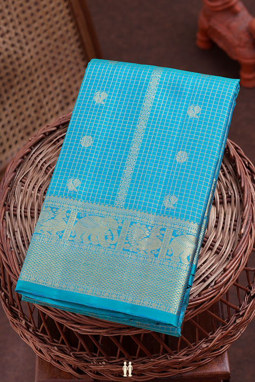 Kanchipuram Silk Saree In Bluish Green With Checks Design