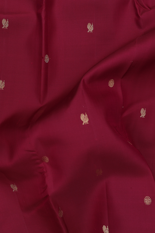 Kanchipuram Silk Saree In Maroon With Peacock Buttas