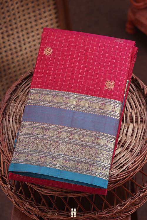 Kanchipuram Silk Saree In Red Along Checks With Buttas