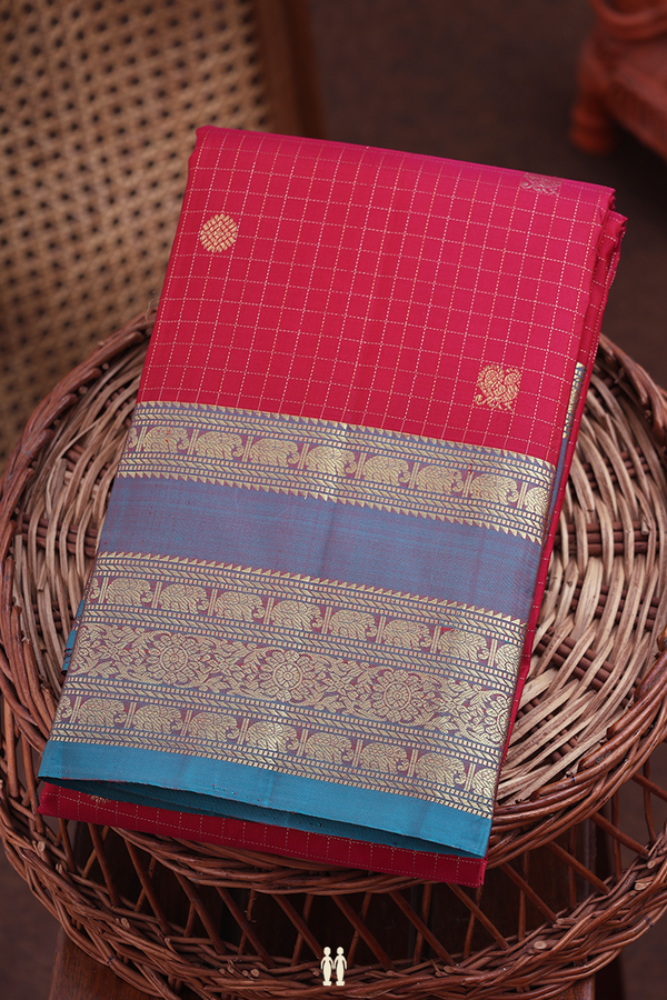 Kanchipuram Silk Saree In Red Along Checks With Buttas