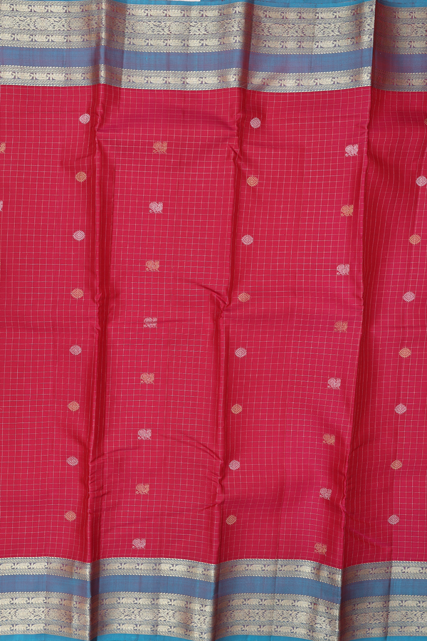 Kanchipuram Silk Saree In Red Along Checks With Buttas