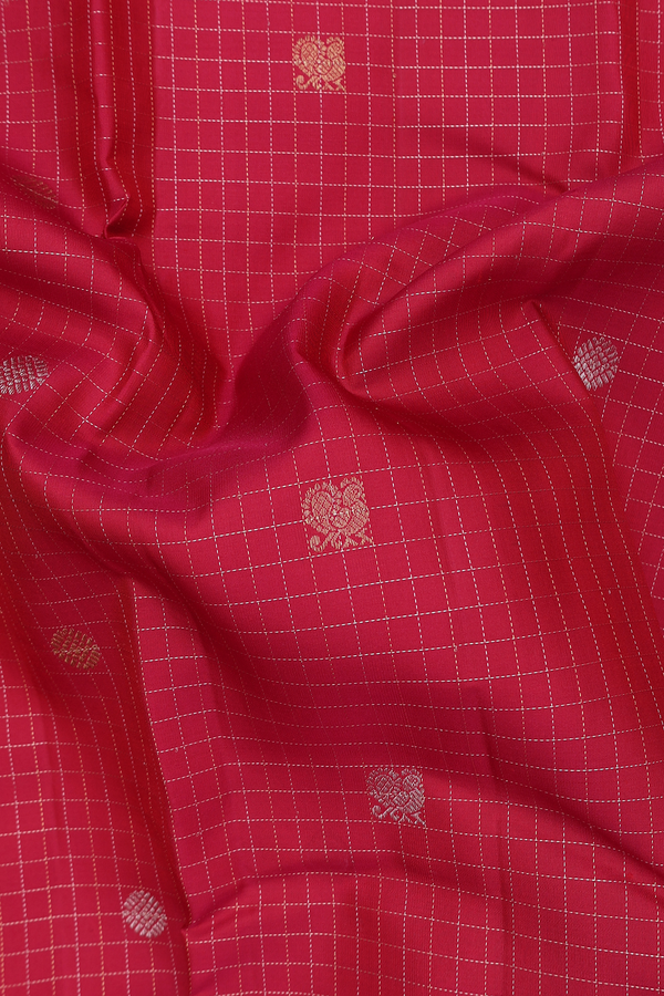 Kanchipuram Silk Saree In Red Along Checks With Buttas
