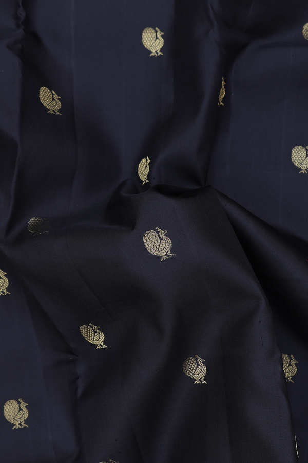 Kanchipuram Silk Saree In Black With Peacock Buttas