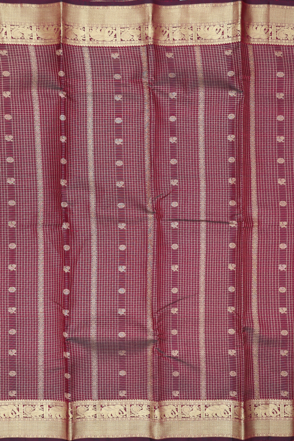 Kanchipuram Silk Saree In Maroon Along Checks With Buttas