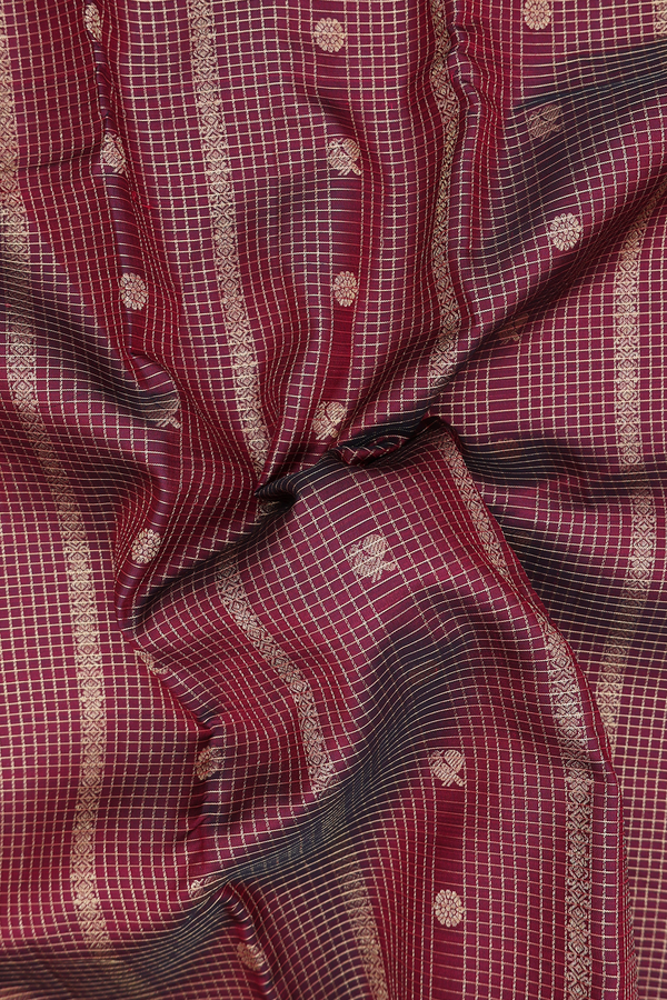 Kanchipuram Silk Saree In Maroon Along Checks With Buttas