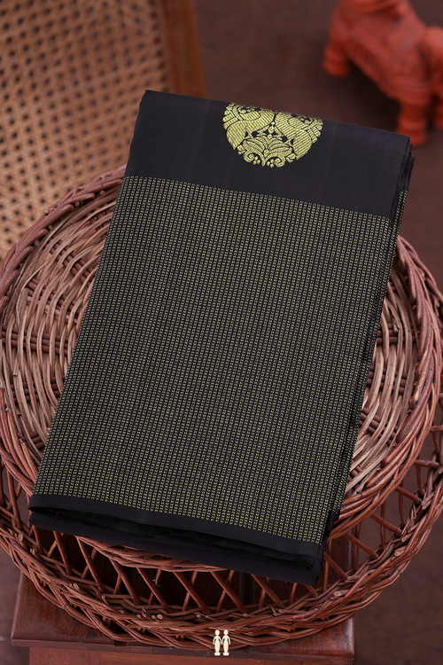 Kanchipuram Silk Saree In Black With Peacock Motifs
