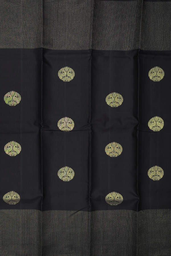 Kanchipuram Silk Saree In Black With Peacock Motifs