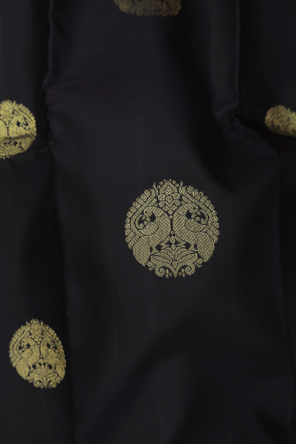 Kanchipuram Silk Saree In Black With Peacock Motifs