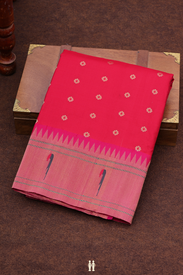 Paithani Silk Saree In Chilli Red With Floral Buttas