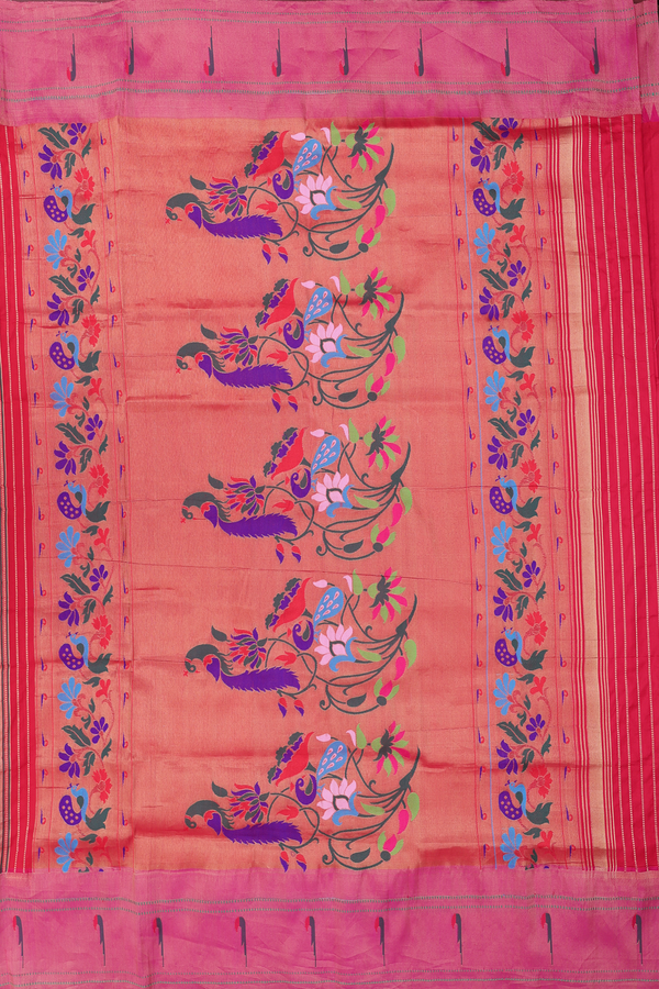 Paithani Silk Saree In Chilli Red With Floral Buttas