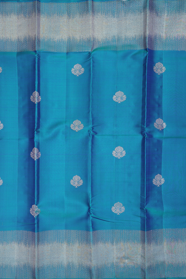 Kanchipuram Silk Saree In Peacock Blue With Floral Motifs