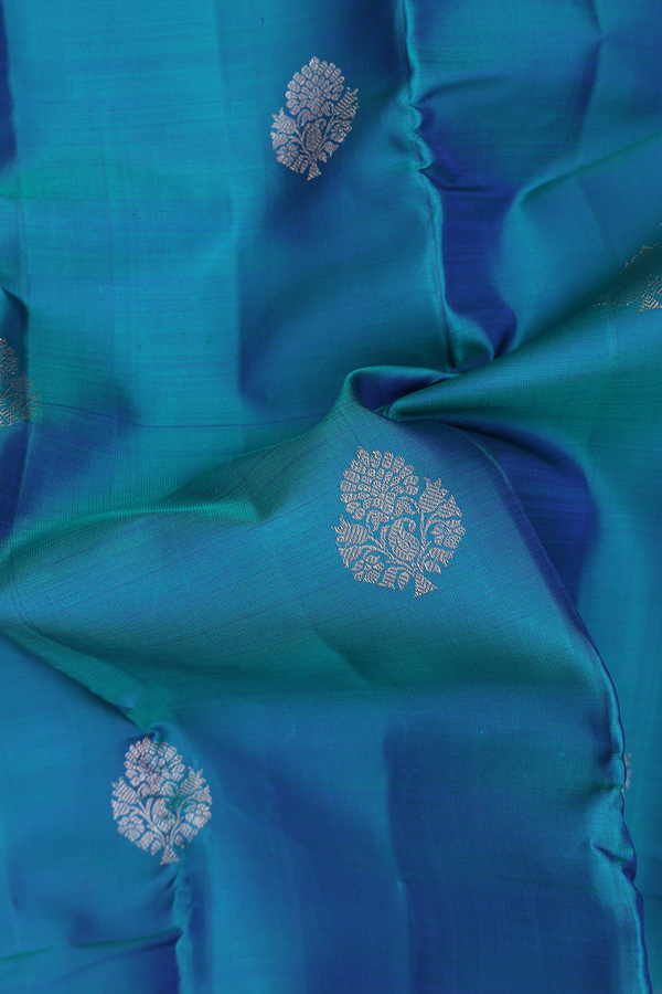 Kanchipuram Silk Saree In Peacock Blue With Floral Motifs