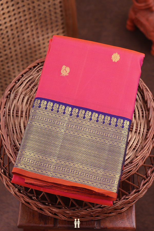Kanchipuram Silk Saree In Pink With Peacock Buttas