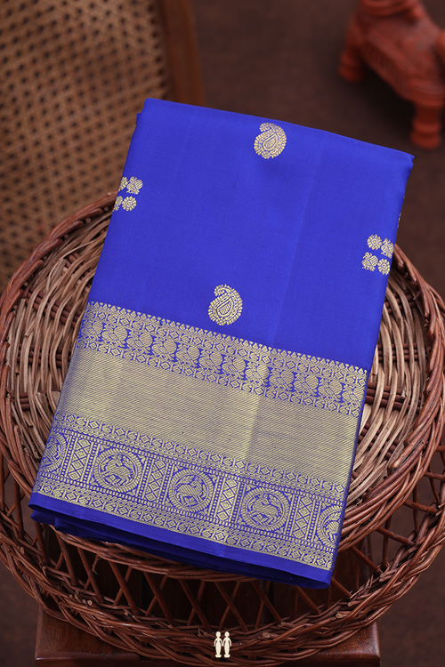 Kanchipuram Silk Saree In Indigo Blue With Paisley Buttas