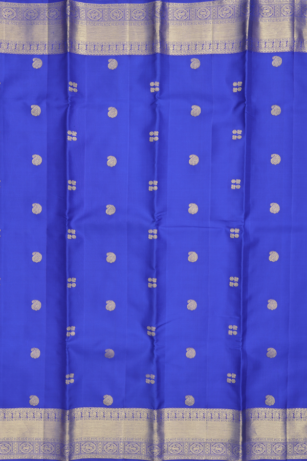 Kanchipuram Silk Saree In Indigo Blue With Paisley Buttas
