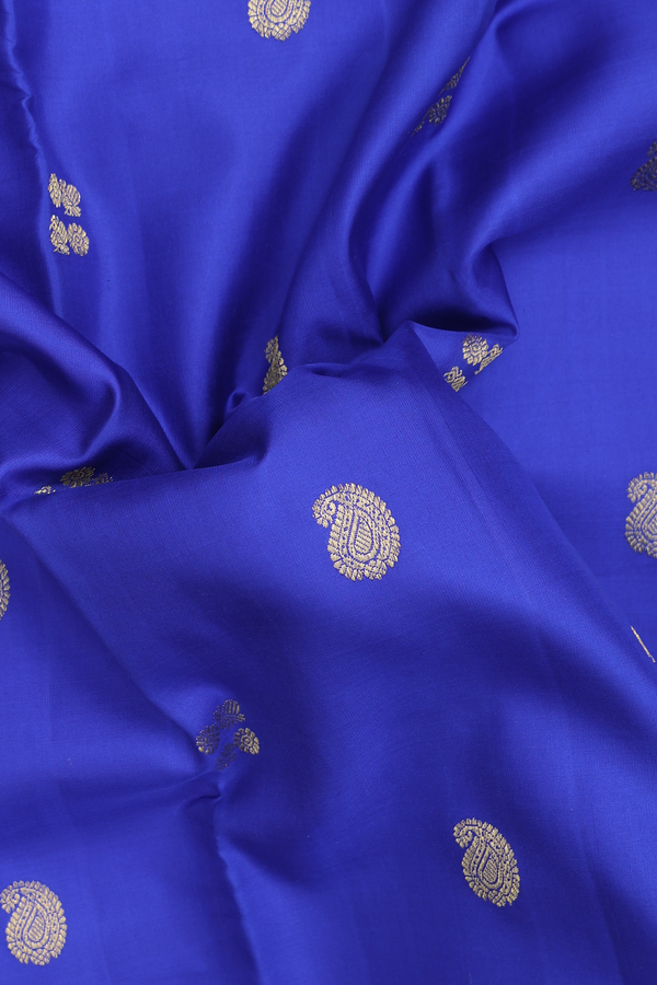 Kanchipuram Silk Saree In Indigo Blue With Paisley Buttas