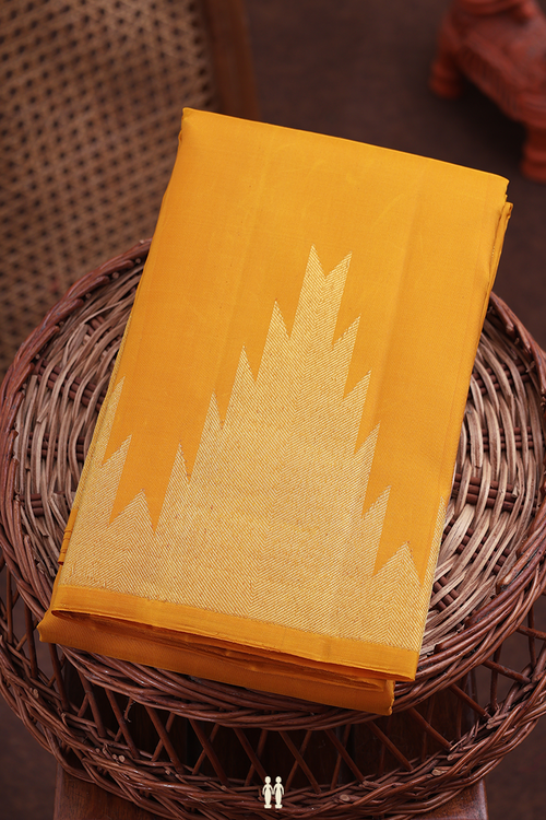 Kanchipuram Silk Saree In Saffron Yellow With Temple Border
