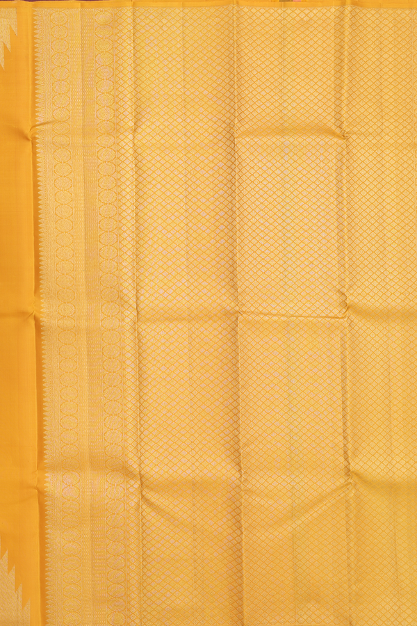 Kanchipuram Silk Saree In Saffron Yellow With Temple Border